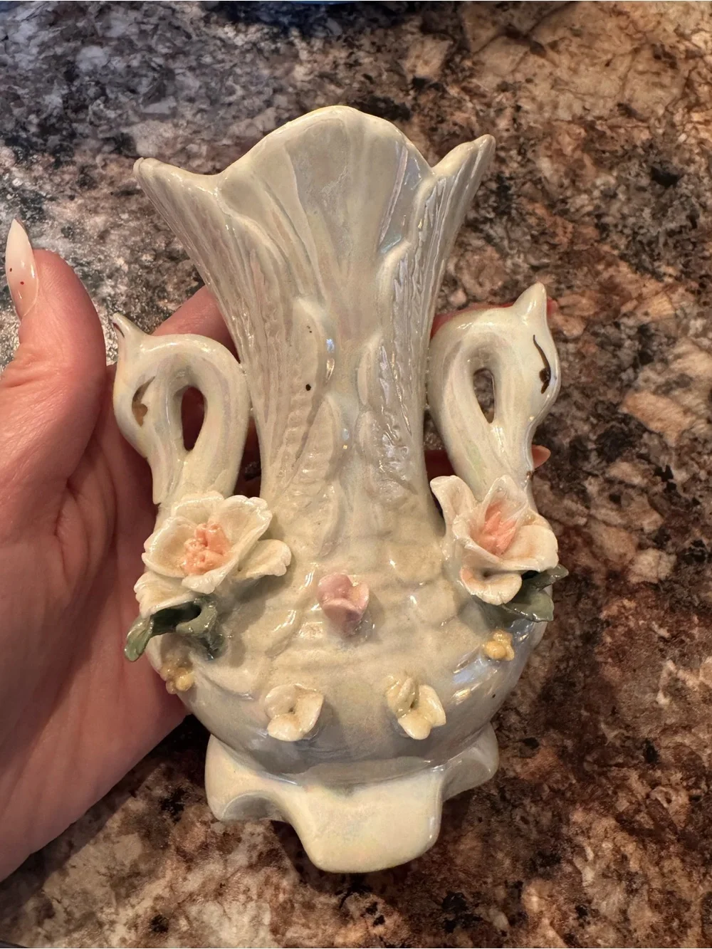 vintage lusterware ceramic swan vase featuring iridescent finishes